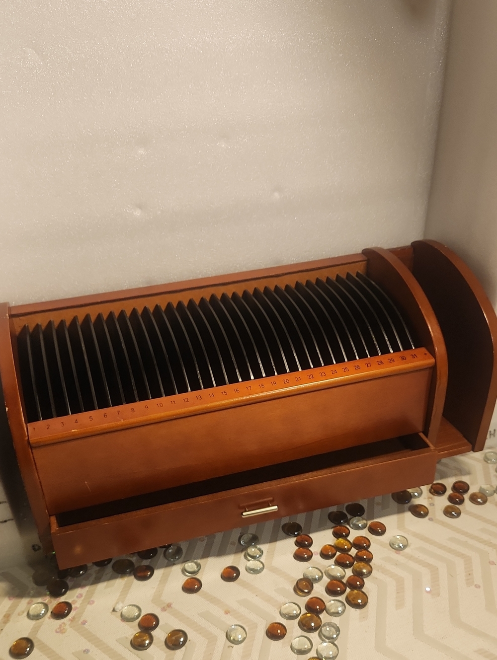 Vintage Wood Desk Numbered Mail Organizer with Drawer 31 Slots.